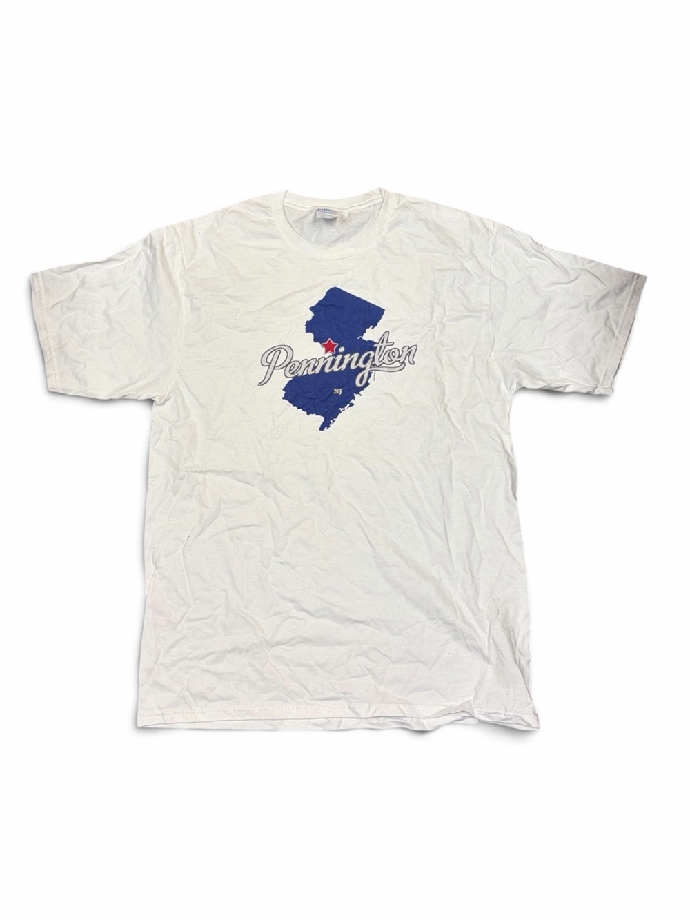 Penningtons White Tee with Blue State Silhouette and Red Accent